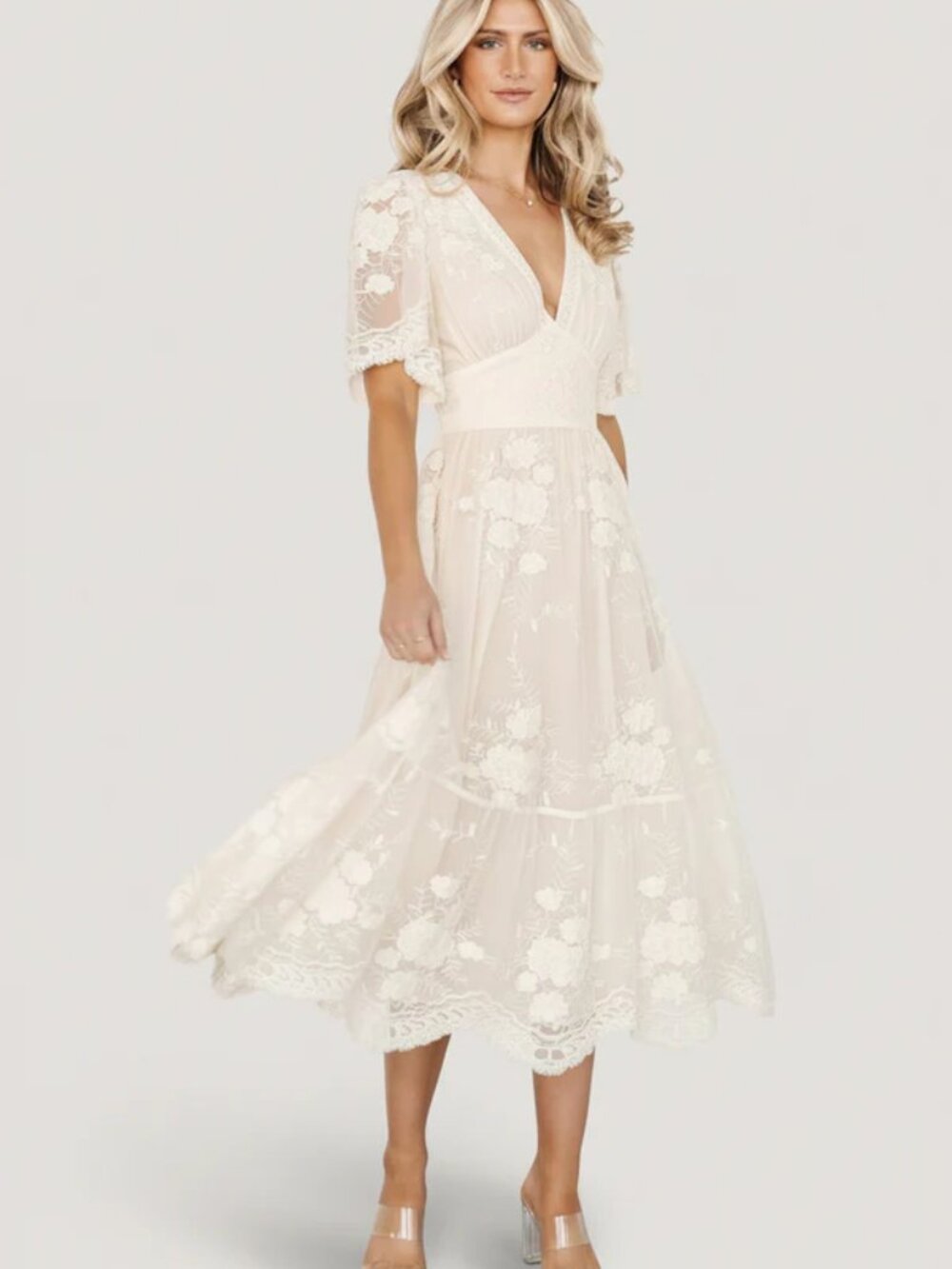 NWT Baltic Born Clarisa Embroidered Lace Midi Dress in Vintage Cream, Size Large
